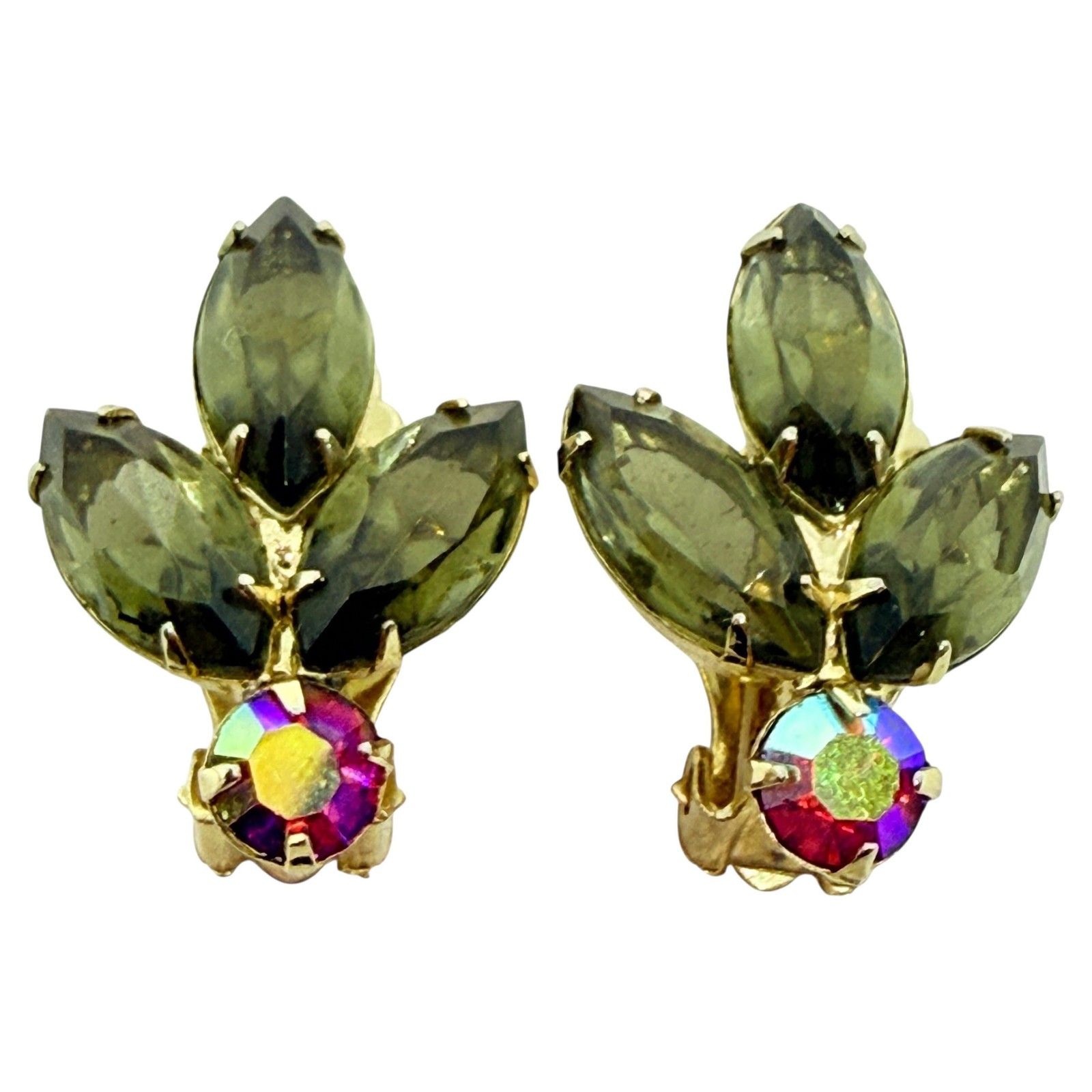 Juliana Delizza Elster Gold Tone Navette Glass Stones Designer Clip On Earrings